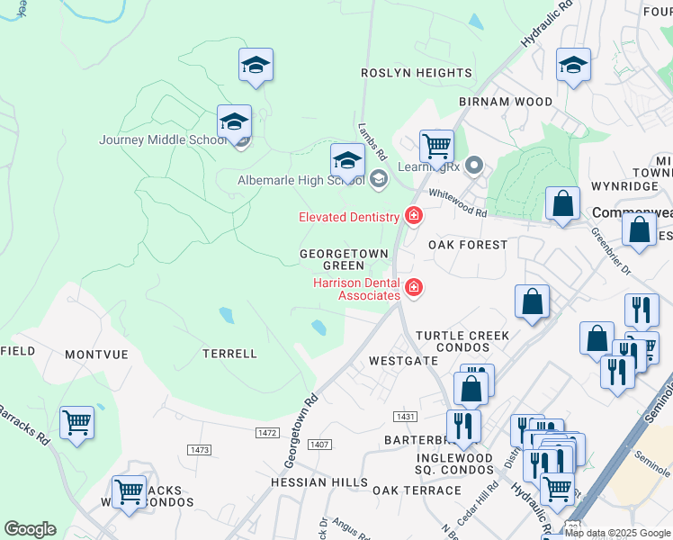 map of restaurants, bars, coffee shops, grocery stores, and more near 32 Georgetown Green in Charlottesville