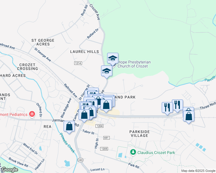 map of restaurants, bars, coffee shops, grocery stores, and more near Crozet Avenue in Crozet
