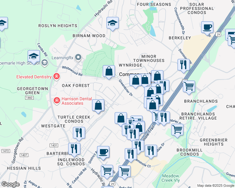 map of restaurants, bars, coffee shops, grocery stores, and more near 326 Commonwealth Court in Charlottesville