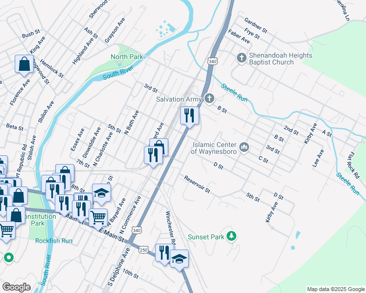 map of restaurants, bars, coffee shops, grocery stores, and more near 567 North Delphine Avenue in Waynesboro