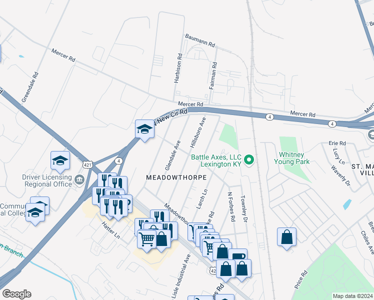 map of restaurants, bars, coffee shops, grocery stores, and more near 317 Hillsboro Avenue in Lexington