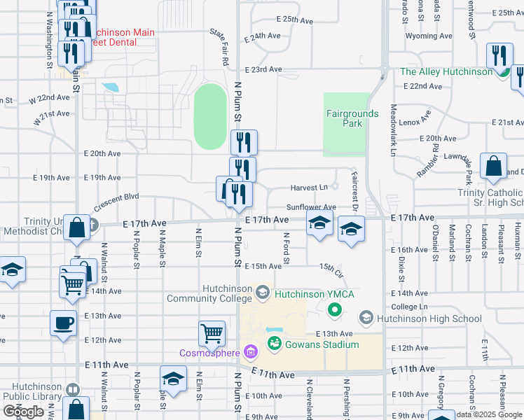 map of restaurants, bars, coffee shops, grocery stores, and more near 112 Norman Road in Hutchinson