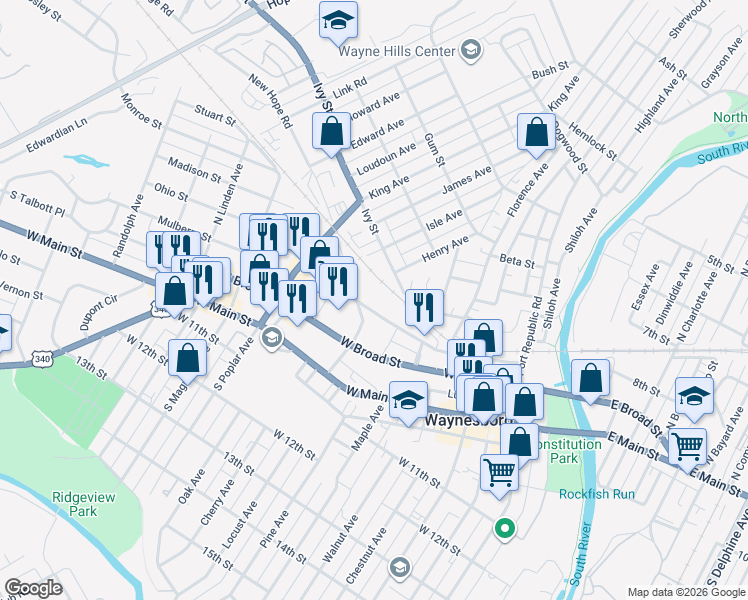 map of restaurants, bars, coffee shops, grocery stores, and more near 1109 New Hope Road in Waynesboro