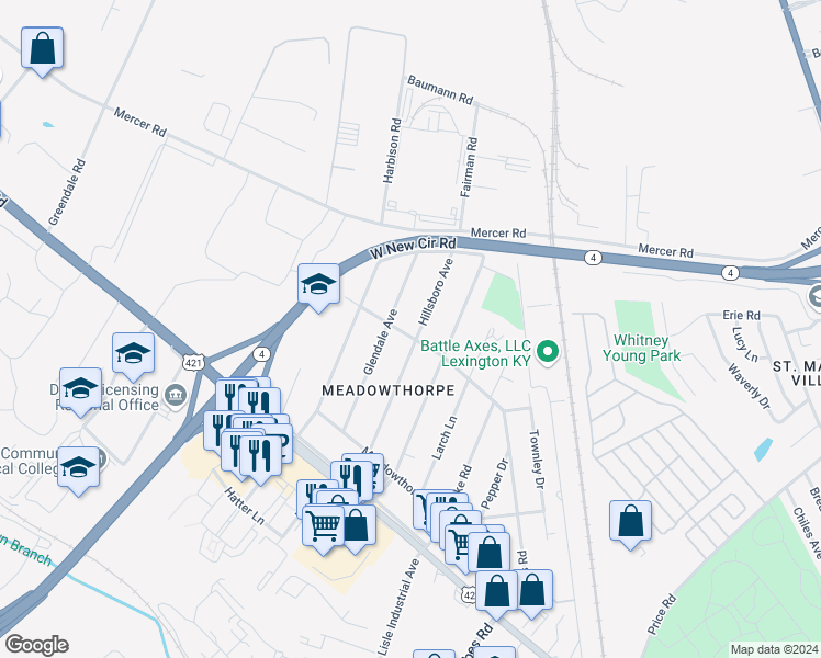 map of restaurants, bars, coffee shops, grocery stores, and more near 307 Hillsboro Avenue in Lexington