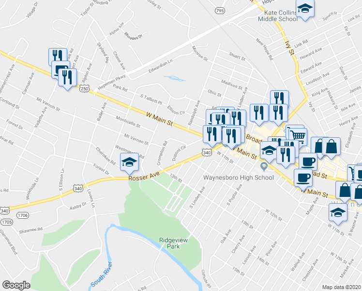 map of restaurants, bars, coffee shops, grocery stores, and more near 100 Crompton Road in Waynesboro
