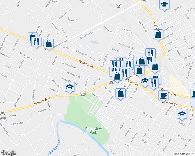 map of restaurants, bars, coffee shops, grocery stores, and more near 100 Crompton Road in Waynesboro