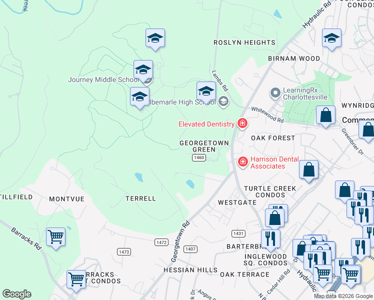map of restaurants, bars, coffee shops, grocery stores, and more near 83 Georgetown Green in Charlottesville