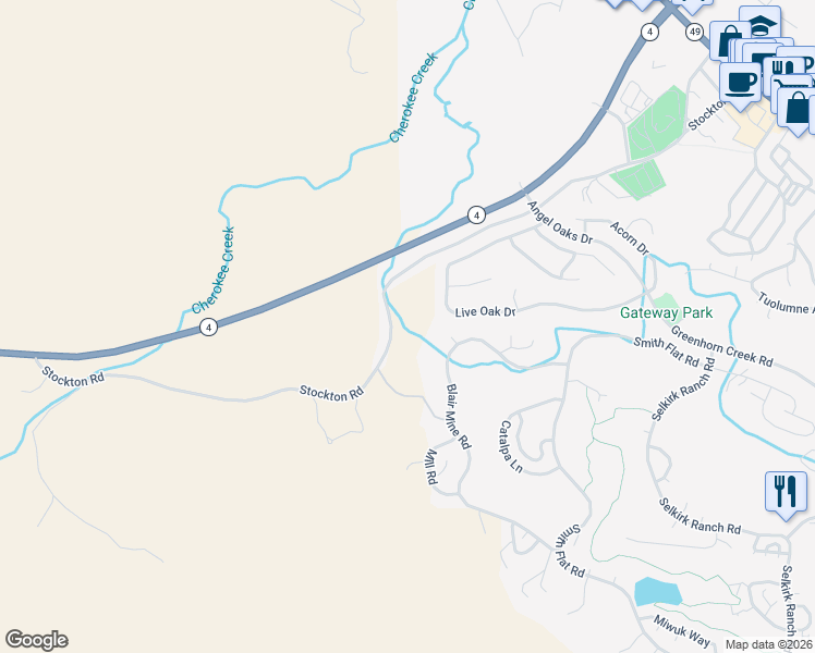 map of restaurants, bars, coffee shops, grocery stores, and more near 1029 Stockton Road in Angels Camp