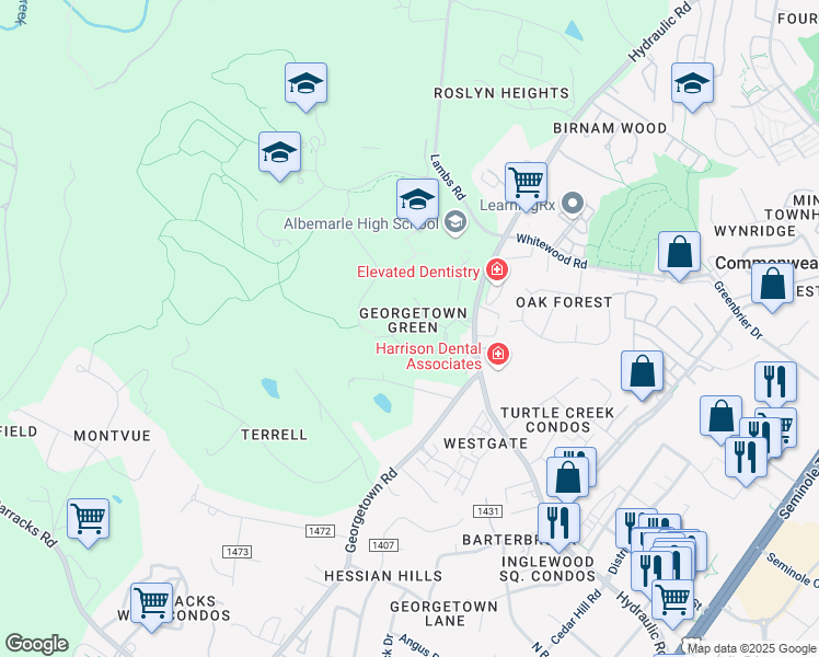 map of restaurants, bars, coffee shops, grocery stores, and more near 26 Georgetown Green in Charlottesville
