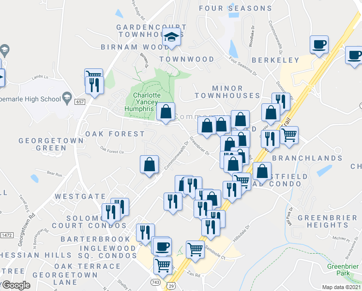 map of restaurants, bars, coffee shops, grocery stores, and more near 310 Commonwealth Court in Charlottesville