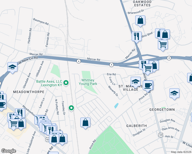 map of restaurants, bars, coffee shops, grocery stores, and more near 471 Erie Road in Lexington