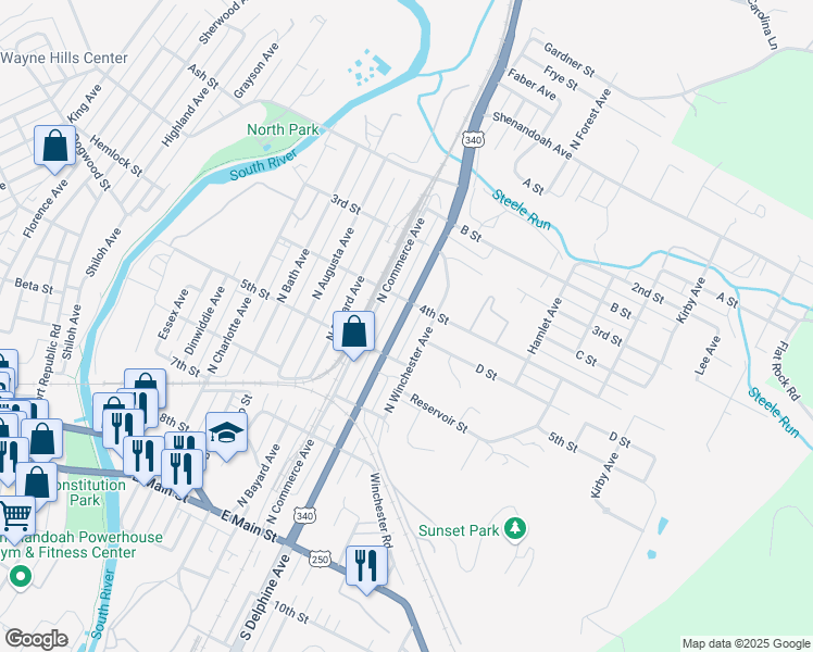 map of restaurants, bars, coffee shops, grocery stores, and more near 556 North Delphine Avenue in Waynesboro