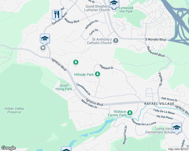 map of restaurants, bars, coffee shops, grocery stores, and more near 1247 Highland Drive in Novato