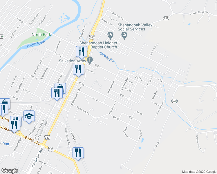 map of restaurants, bars, coffee shops, grocery stores, and more near 1220 3rd Street in Waynesboro
