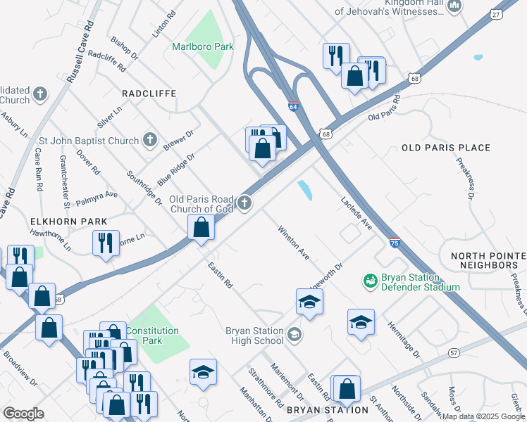 map of restaurants, bars, coffee shops, grocery stores, and more near 1885 Old Paris Road in Lexington