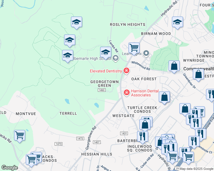 map of restaurants, bars, coffee shops, grocery stores, and more near 16 Georgetown Green in Charlottesville