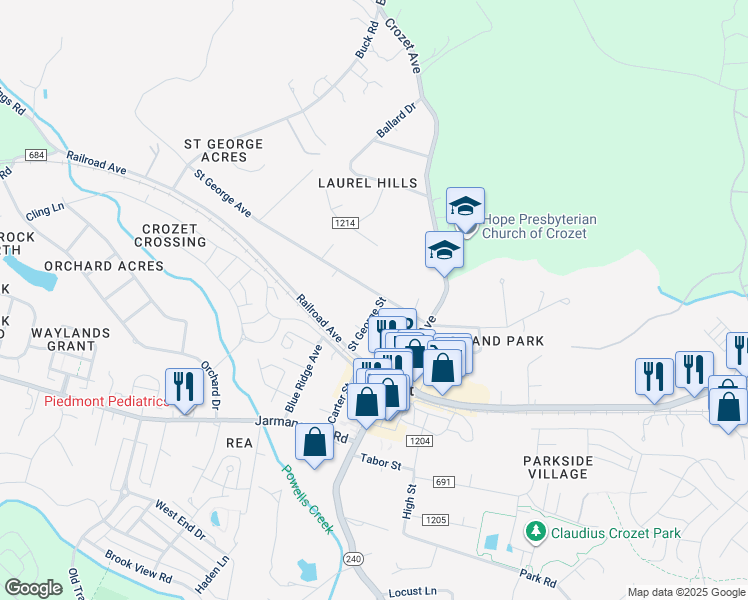 map of restaurants, bars, coffee shops, grocery stores, and more near 5773 Saint George Avenue in Crozet