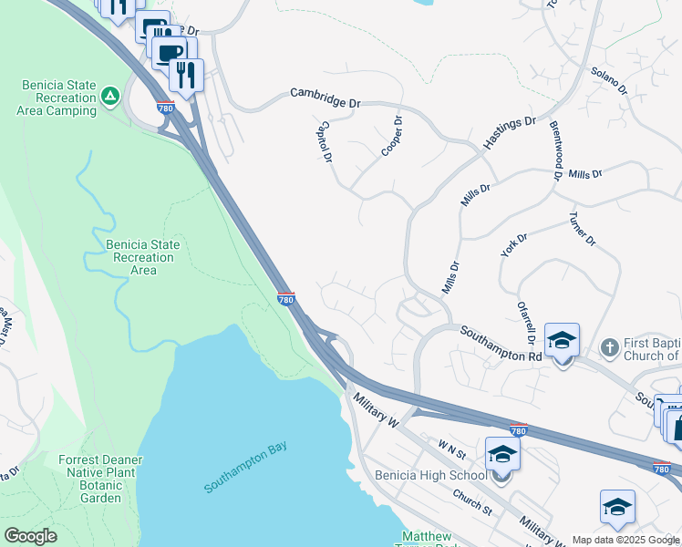 map of restaurants, bars, coffee shops, grocery stores, and more near 1559 London Circle in Benicia