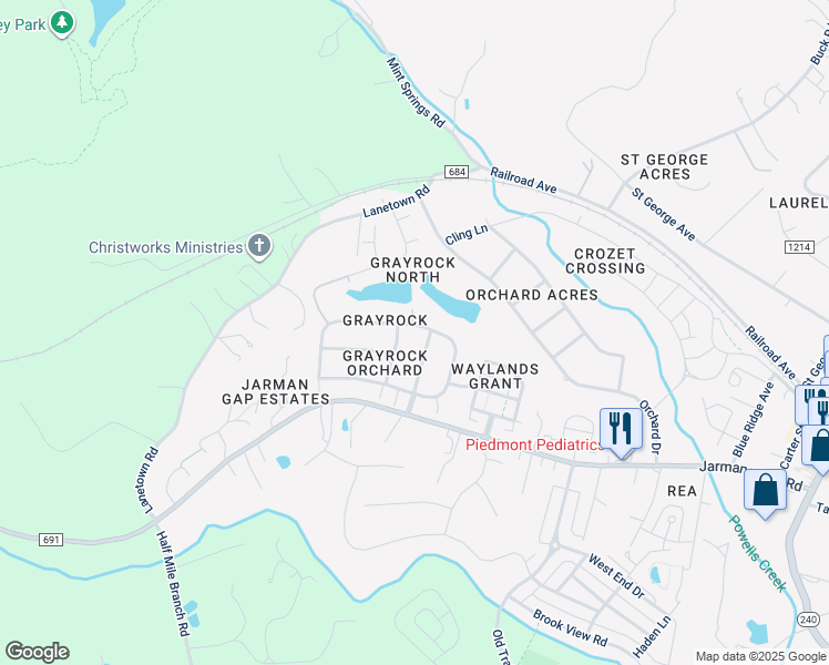 map of restaurants, bars, coffee shops, grocery stores, and more near 327 Grayrock Drive in Crozet