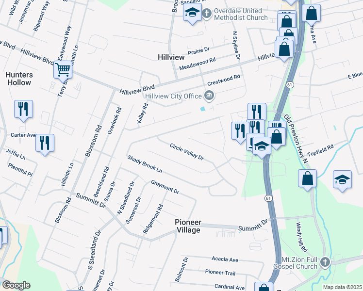 map of restaurants, bars, coffee shops, grocery stores, and more near 624 Circle Valley Drive in Louisville