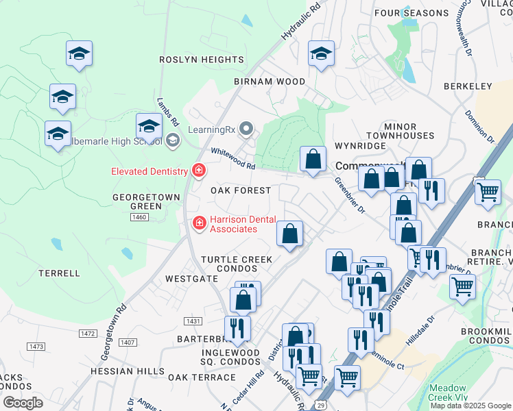map of restaurants, bars, coffee shops, grocery stores, and more near 1323 Pin Oak Court in Charlottesville