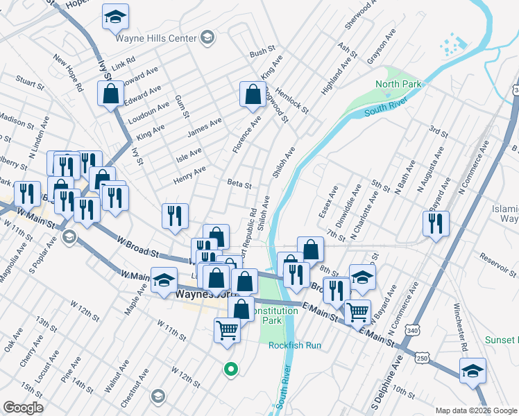 map of restaurants, bars, coffee shops, grocery stores, and more near 259 State Route 865 in Waynesboro