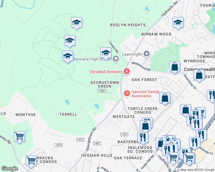 map of restaurants, bars, coffee shops, grocery stores, and more near 16 Georgetown Green in Charlottesville