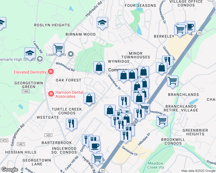 map of restaurants, bars, coffee shops, grocery stores, and more near Commonwealth Court in Charlottesville