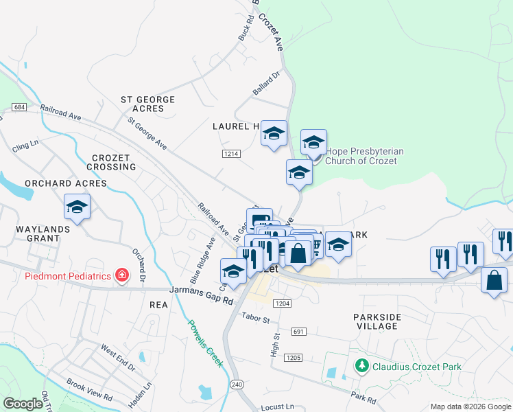 map of restaurants, bars, coffee shops, grocery stores, and more near 5874 County Road 1203 in Crozet