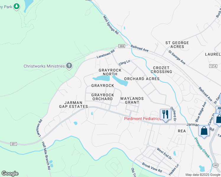 map of restaurants, bars, coffee shops, grocery stores, and more near 327 Grayrock Drive in Crozet