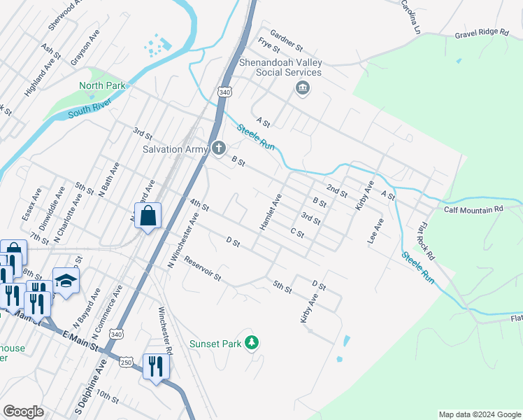 map of restaurants, bars, coffee shops, grocery stores, and more near 601 Hamlet Avenue in Waynesboro