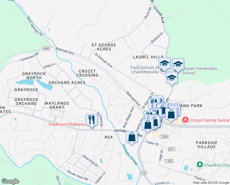 map of restaurants, bars, coffee shops, grocery stores, and more near 1298-1326 Pleasant Green Street in Crozet