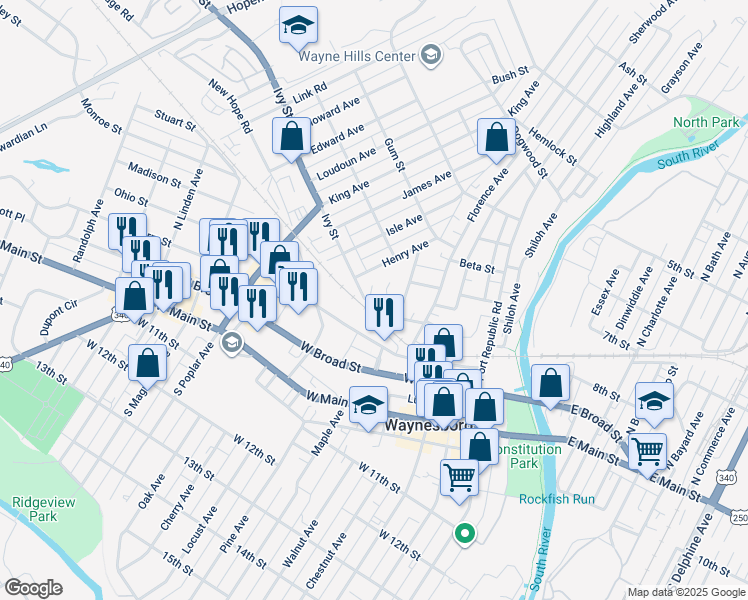 map of restaurants, bars, coffee shops, grocery stores, and more near 709 Ivy Street in Waynesboro