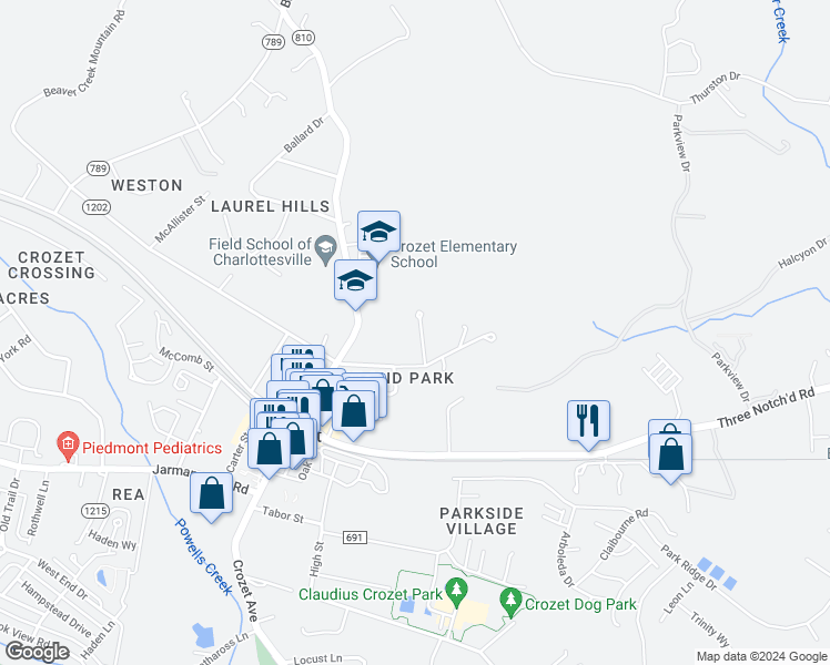 map of restaurants, bars, coffee shops, grocery stores, and more near 1332 McCauley Street in Crozet