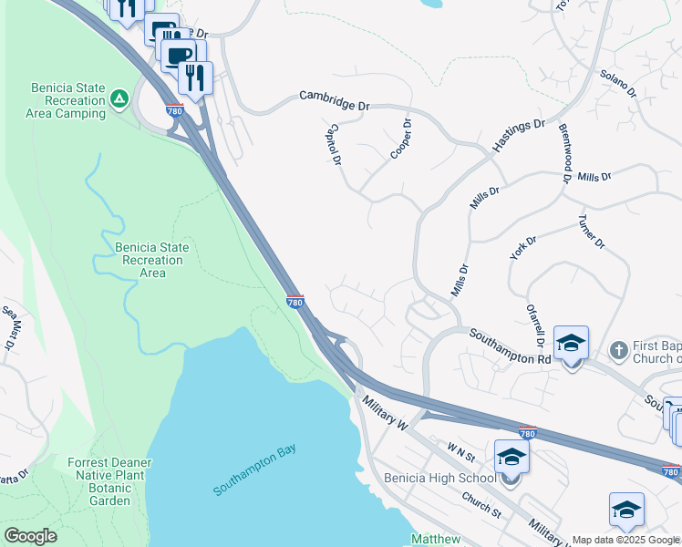map of restaurants, bars, coffee shops, grocery stores, and more near 1559 London Cir in Benicia