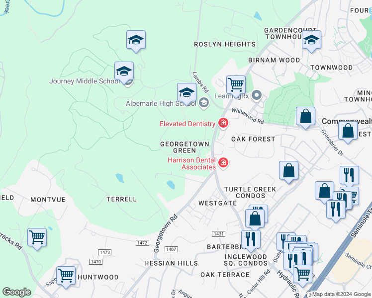 map of restaurants, bars, coffee shops, grocery stores, and more near 24 Georgetown Green in Charlottesville