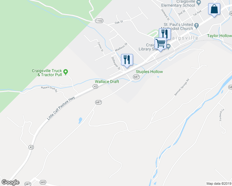 map of restaurants, bars, coffee shops, grocery stores, and more near 273 Railroad Avenue in Craigsville