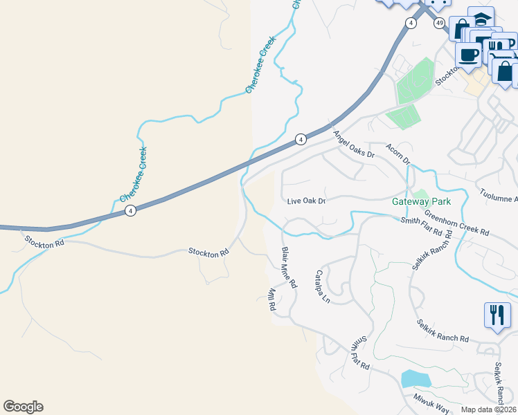 map of restaurants, bars, coffee shops, grocery stores, and more near 1029 Stockton Road in Angels Camp