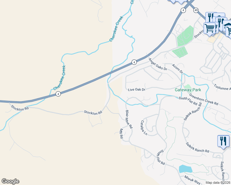 map of restaurants, bars, coffee shops, grocery stores, and more near 1029 Stockton Road in Angels Camp
