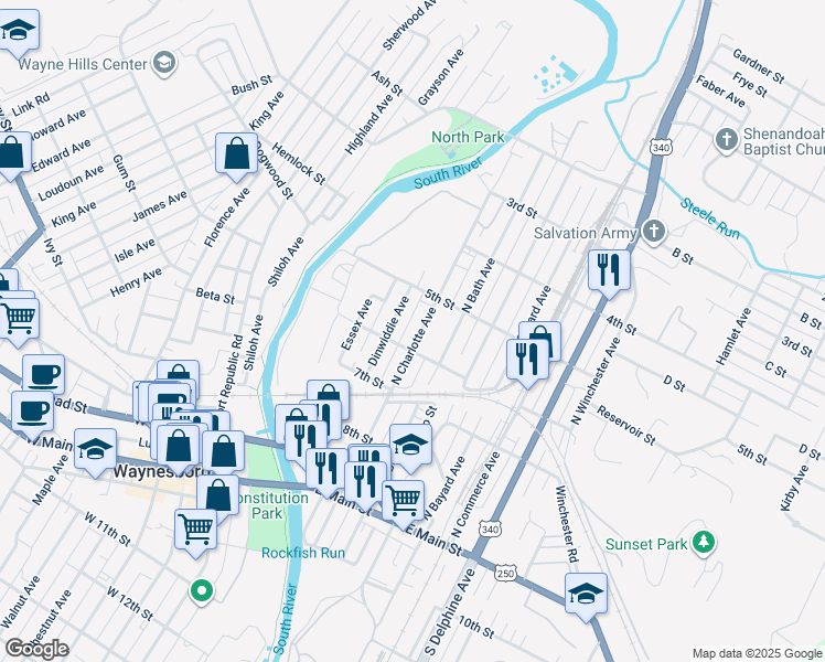 map of restaurants, bars, coffee shops, grocery stores, and more near 454 N Charlotte Ave in Waynesboro