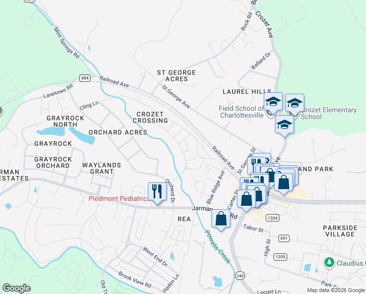 map of restaurants, bars, coffee shops, grocery stores, and more near 1330 Pleasant Green Street in Crozet