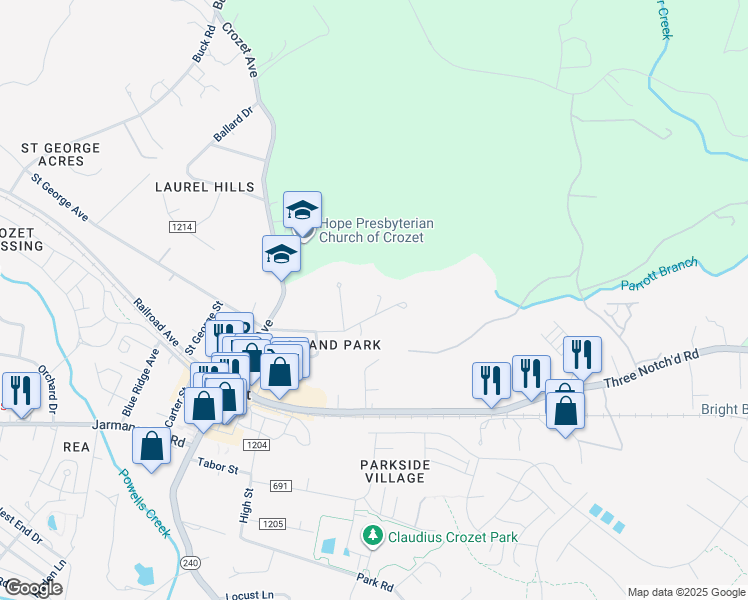 map of restaurants, bars, coffee shops, grocery stores, and more near 5568 Saint George Avenue in Crozet