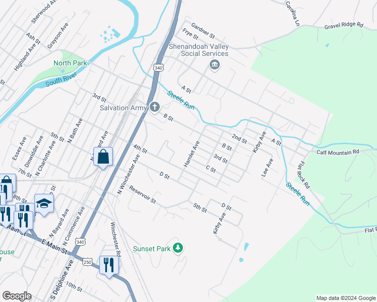 map of restaurants, bars, coffee shops, grocery stores, and more near 605 Hamlet Avenue in Waynesboro