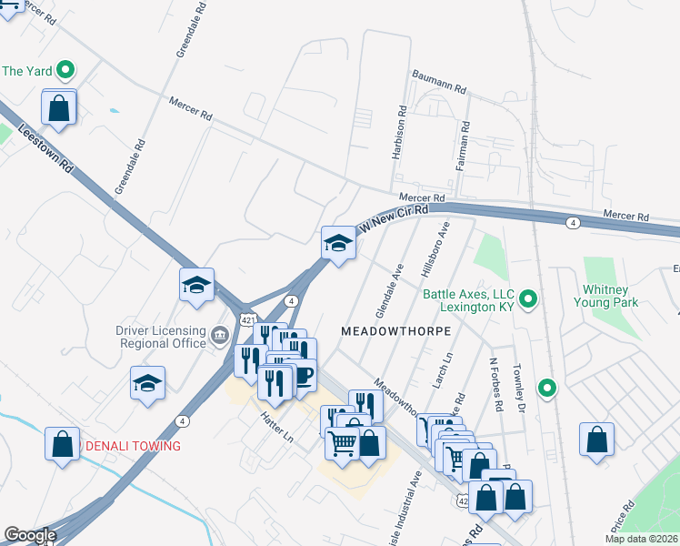 map of restaurants, bars, coffee shops, grocery stores, and more near 1710 North Forbes Road in Lexington