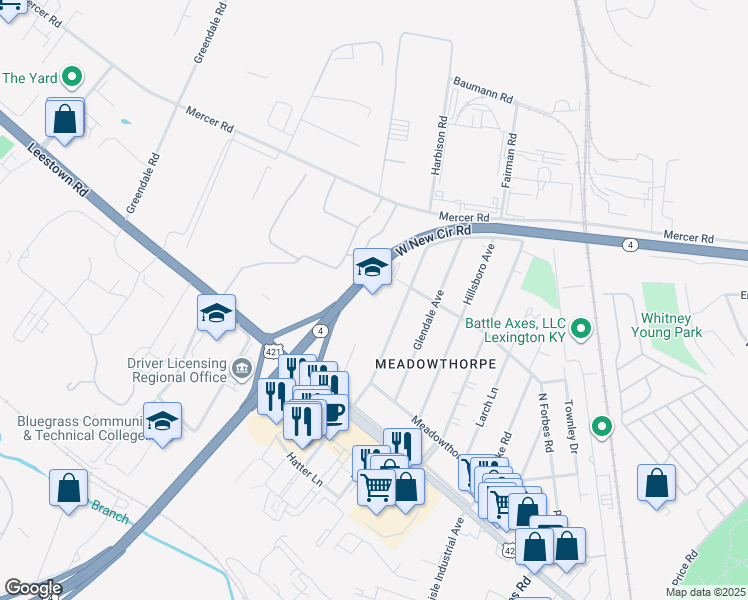 map of restaurants, bars, coffee shops, grocery stores, and more near 1710 North Forbes Road in Lexington