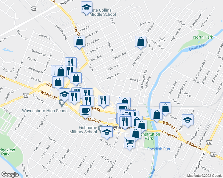map of restaurants, bars, coffee shops, grocery stores, and more near 239 Elizabeth Avenue in Waynesboro