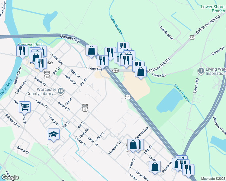 map of restaurants, bars, coffee shops, grocery stores, and more near 109 8th Street in Pocomoke City