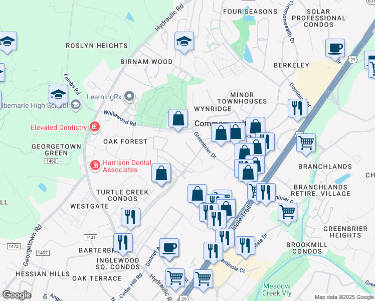 map of restaurants, bars, coffee shops, grocery stores, and more near 326 Commonwealth Court in Charlottesville