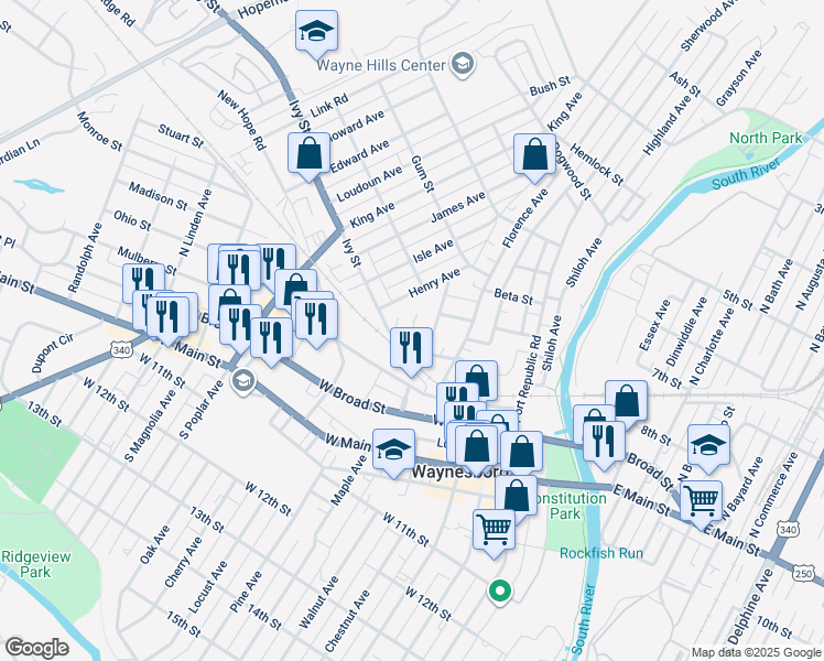 map of restaurants, bars, coffee shops, grocery stores, and more near 713 Ivy Street in Waynesboro