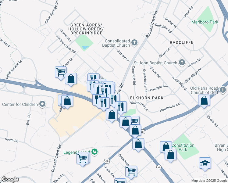 map of restaurants, bars, coffee shops, grocery stores, and more near 405 Hollow Creek Road in Lexington